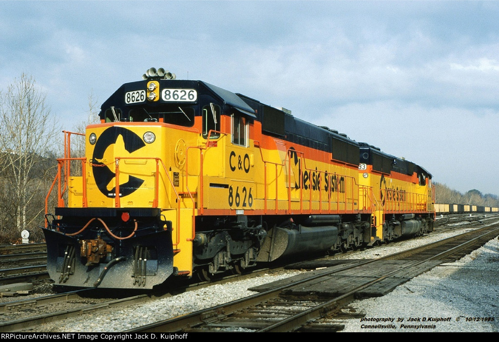 Chessie, C&O SD50 8626 - 8633, at the ex-B&O yard at Connellsville, Pennsylvania. December 12, 1985. 